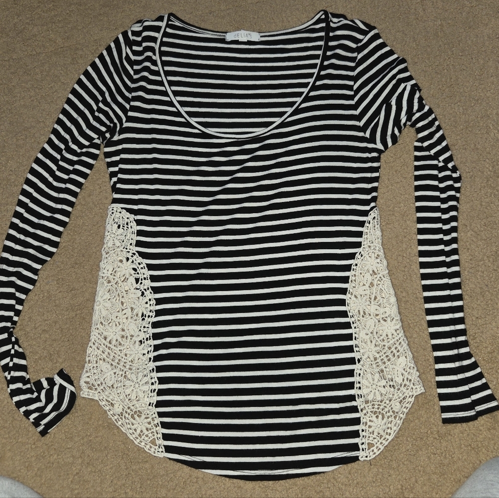 dELiA*s Black and White Striped Long Sleeve with Cream Lace Size Small